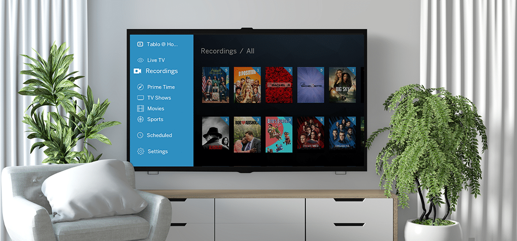 Legacy Tablo app shown on a smart TV in a living room