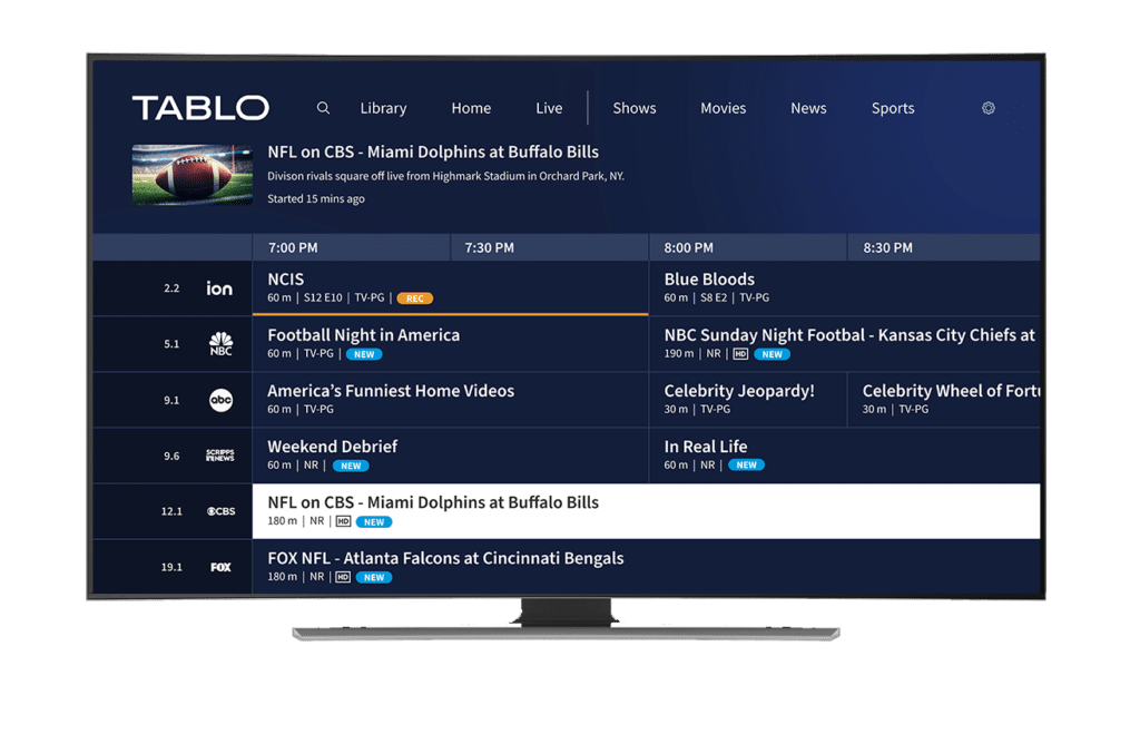 Tablo live TV screen with sport airing highlighted and a TV show set to record