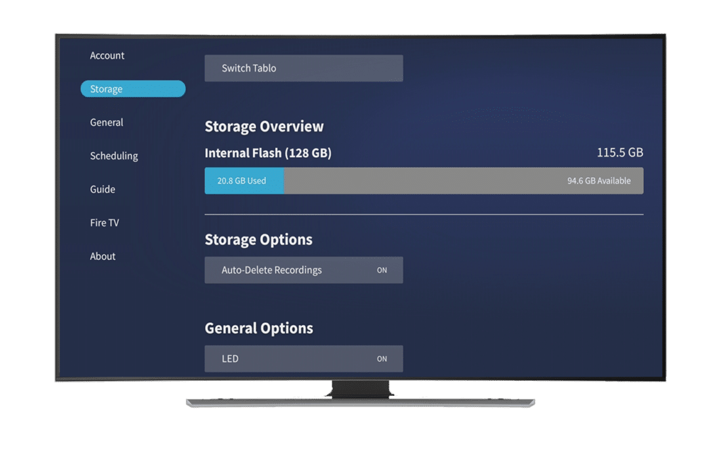 Tablo settings screen showing onboard storage status