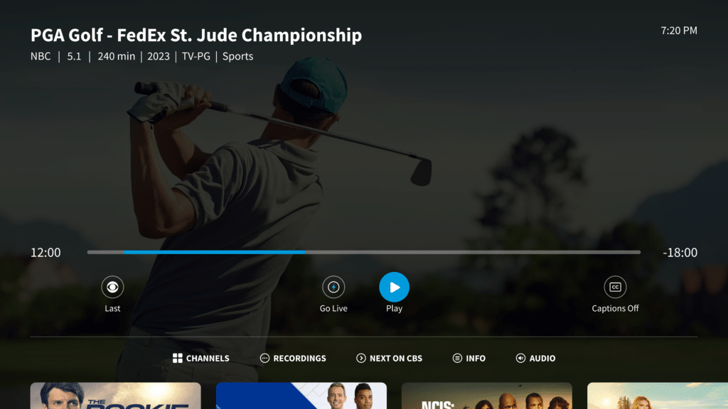 Tablo interface showing playback of golf paused