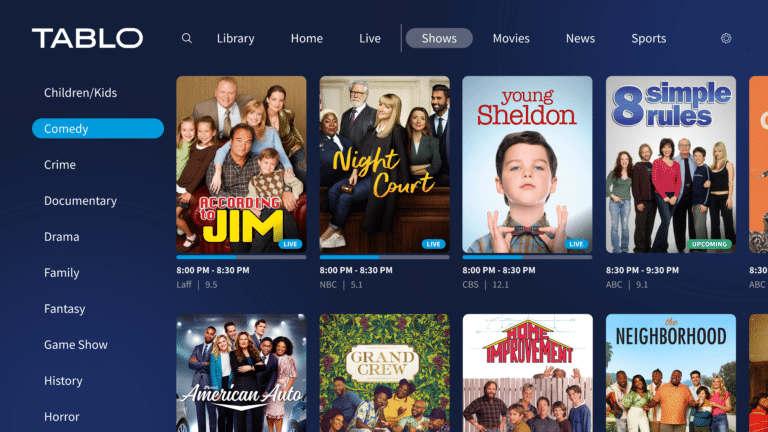 Tablo interface showing upcoming TV shows in the comedy genre