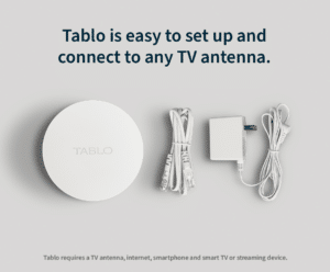 Image of everything you get when you purchase the stand alone Tablo with the words 'Tablo is easy to set up and connect to any TV antenna'
