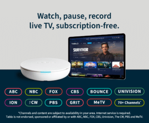 Tablo device next to a television showing the interface with the words 'watch, pause, record live TV, subscription free'