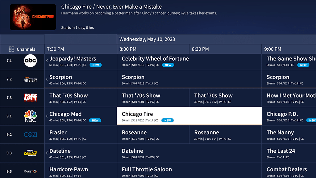 Tablo's live TV grid showing Chicago Fire and Scorpion set to record