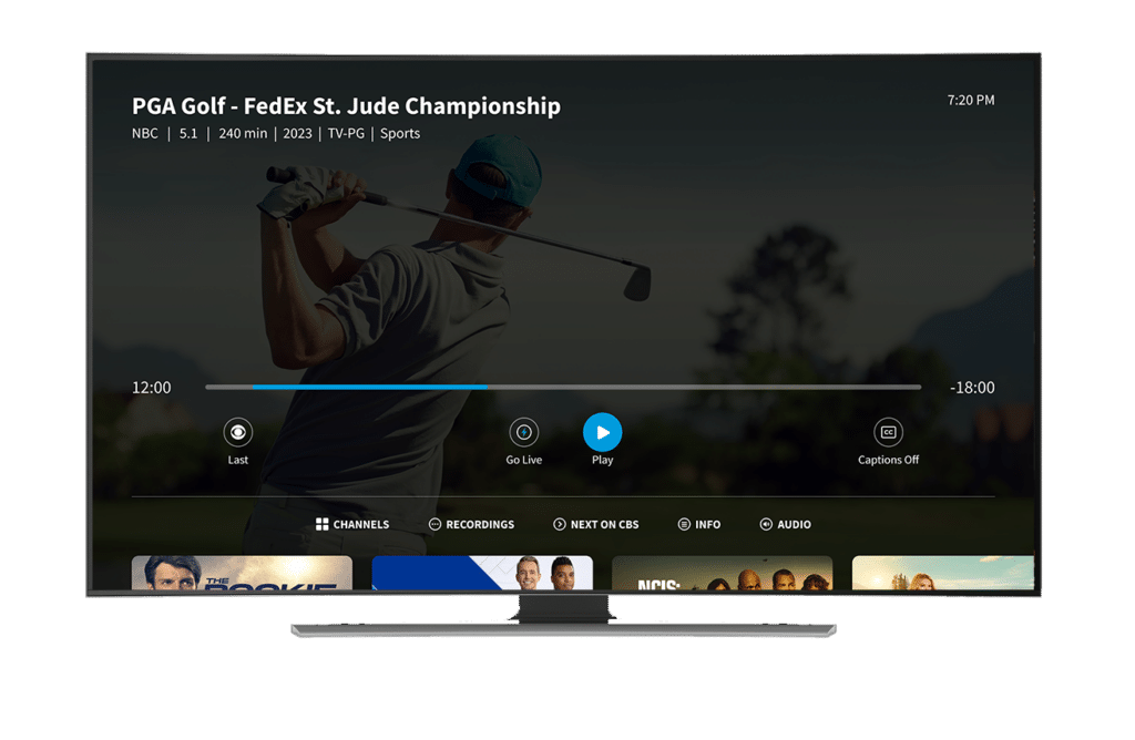 Tablo interface showing live golf airing paused