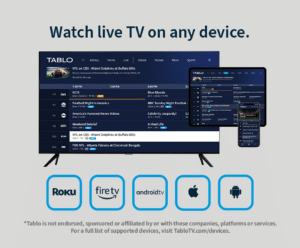 Tablo interface shown on different screens with logos of supported devices