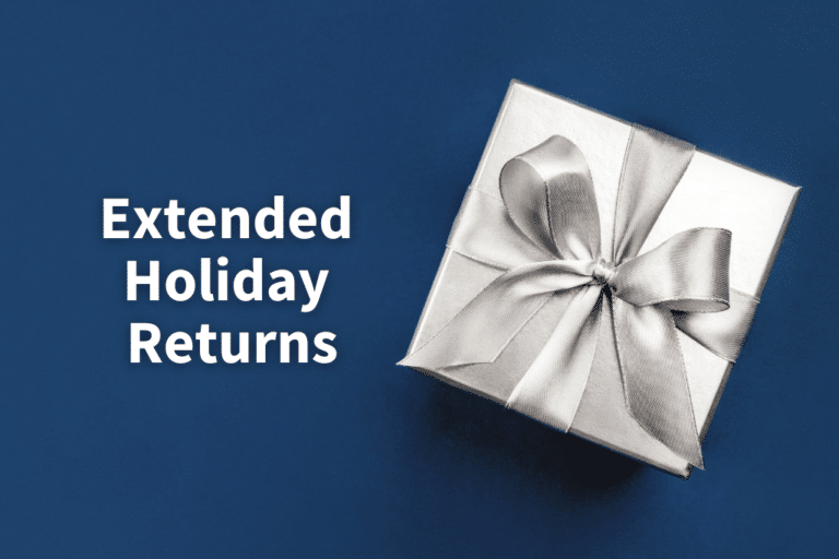 Gift wrapped in silver on a blue background with the words 'extended holiday returns'