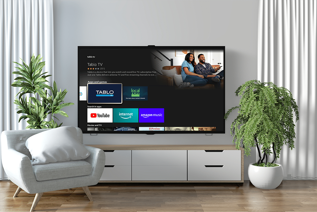 Tablo app in search results on Amazon Fire TV in living room