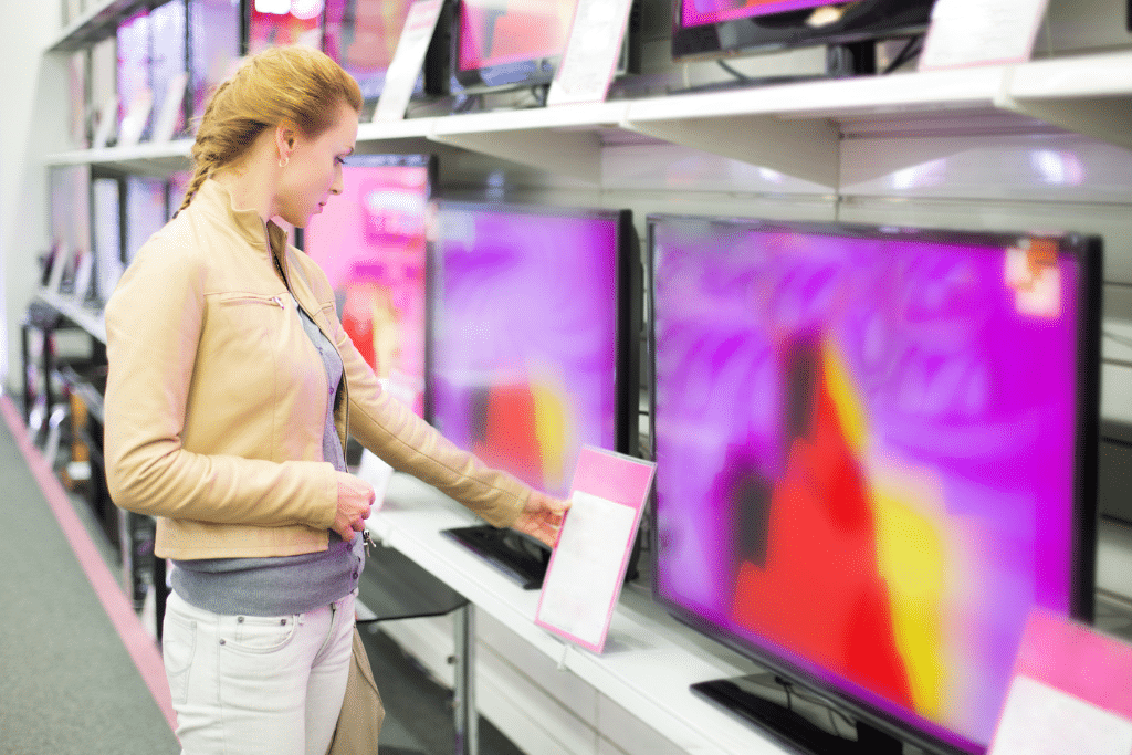 Woman shopping for televisions