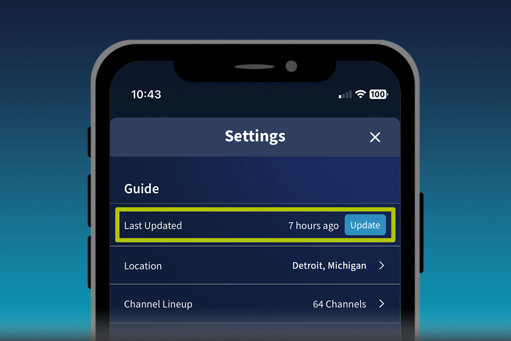 Tablo settings screen on smartphone showing update guide button
