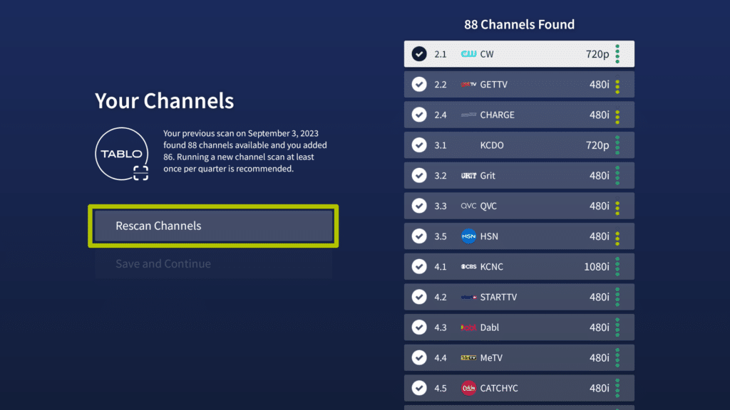 How to run a new channel scan in the Tablo app interface