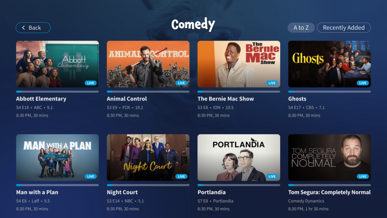 Tablo interface showing upcoming TV shows in the comedy genre