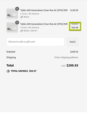 Two Tablo DVRs with BOGO discount in checkout.