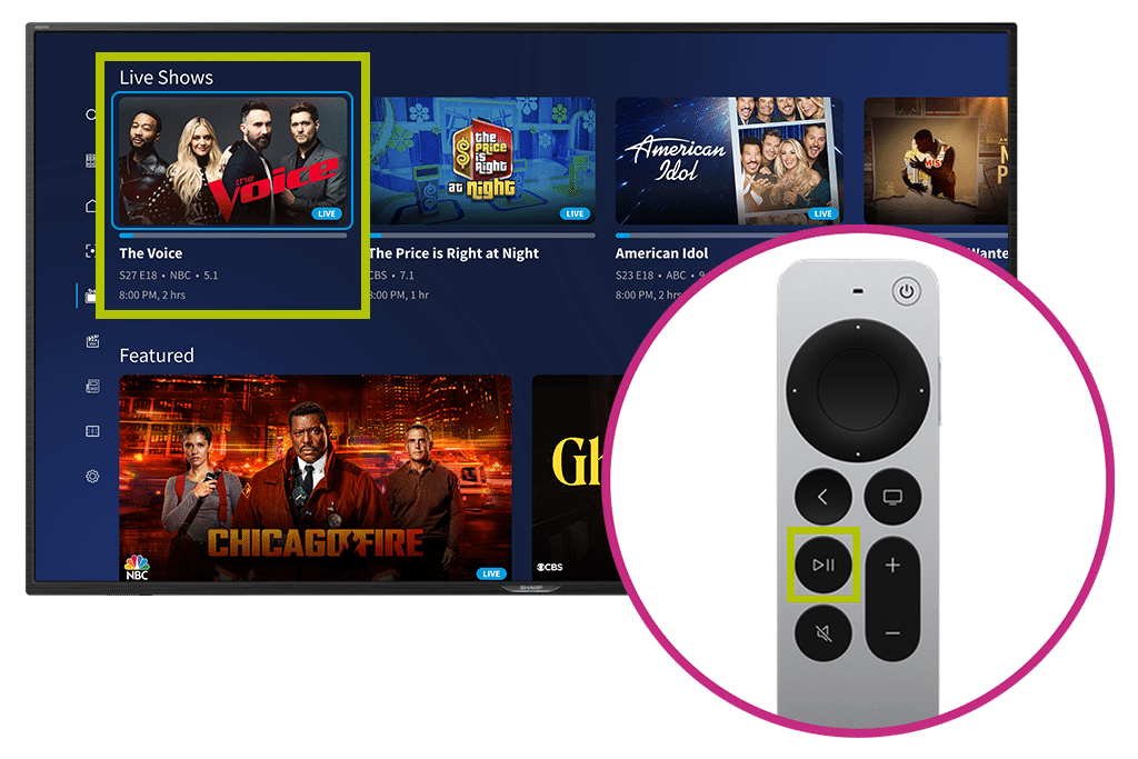 Live Shows in the guide, lighted in a lime square. Also, a cutout with an apple remote with play/pause highlighted by a lime square.