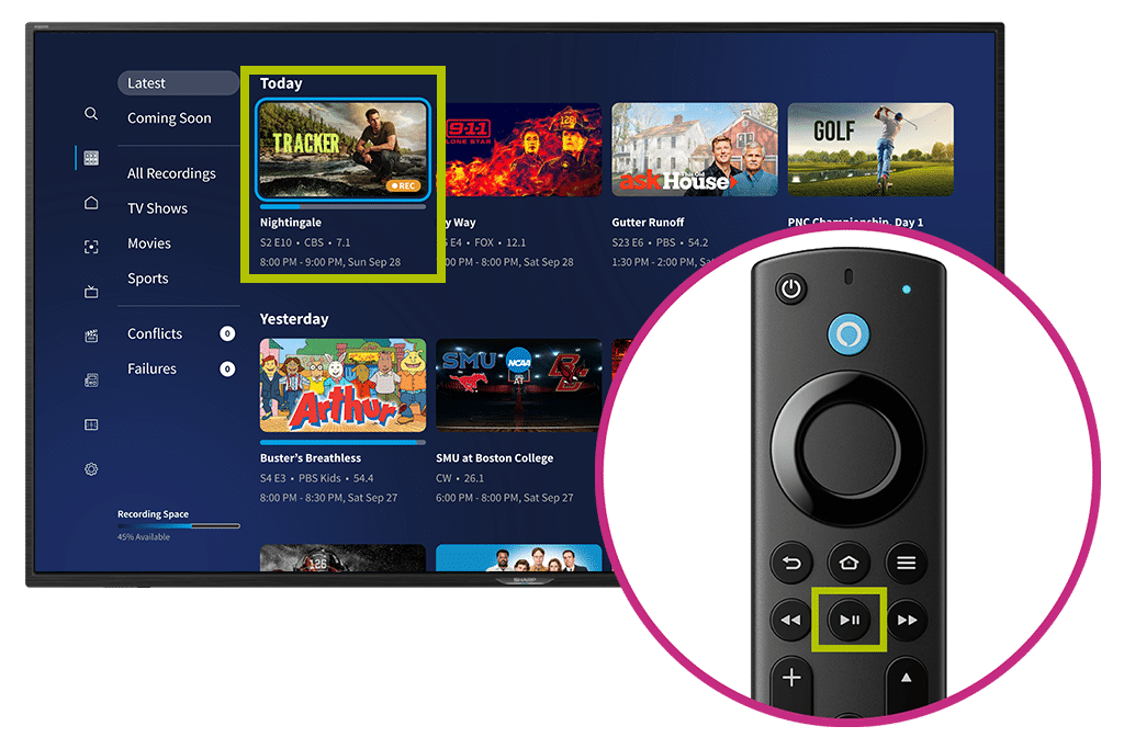 The Tablo library, with Tracker outlined in a lime square. There's also a cutout with the Fire TV remote with play/pause button also highlighted in a lime rectangle.