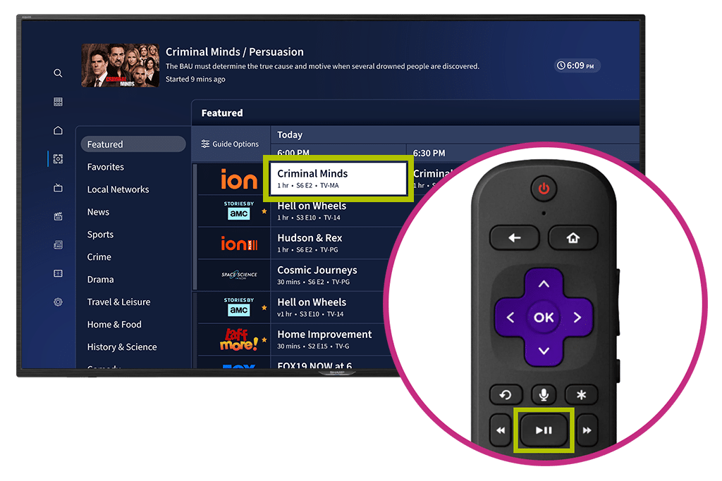 Tablo Live Grid with Criminal Minds highlighted in a lime rectangle. Also, a cutout with the Roku remote and the play/pause highlighted by a lime rectangle.