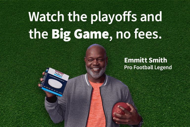 "Watch the playoffs and the Big Game, no fees." "Emmitt Smith Pro Football Legend". Emmitt Smith holding a Tablo Box and football, with astroturf in the background.