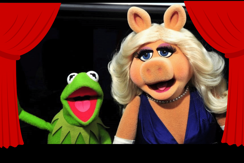 Kermit the Frog and Ms. Piggy peeking through red curtains