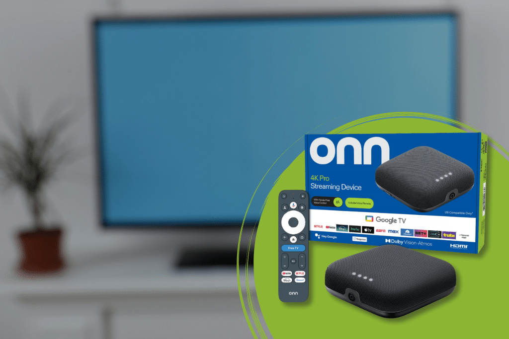 ONN box with ONN Device and ONN remote. TV in the background.
