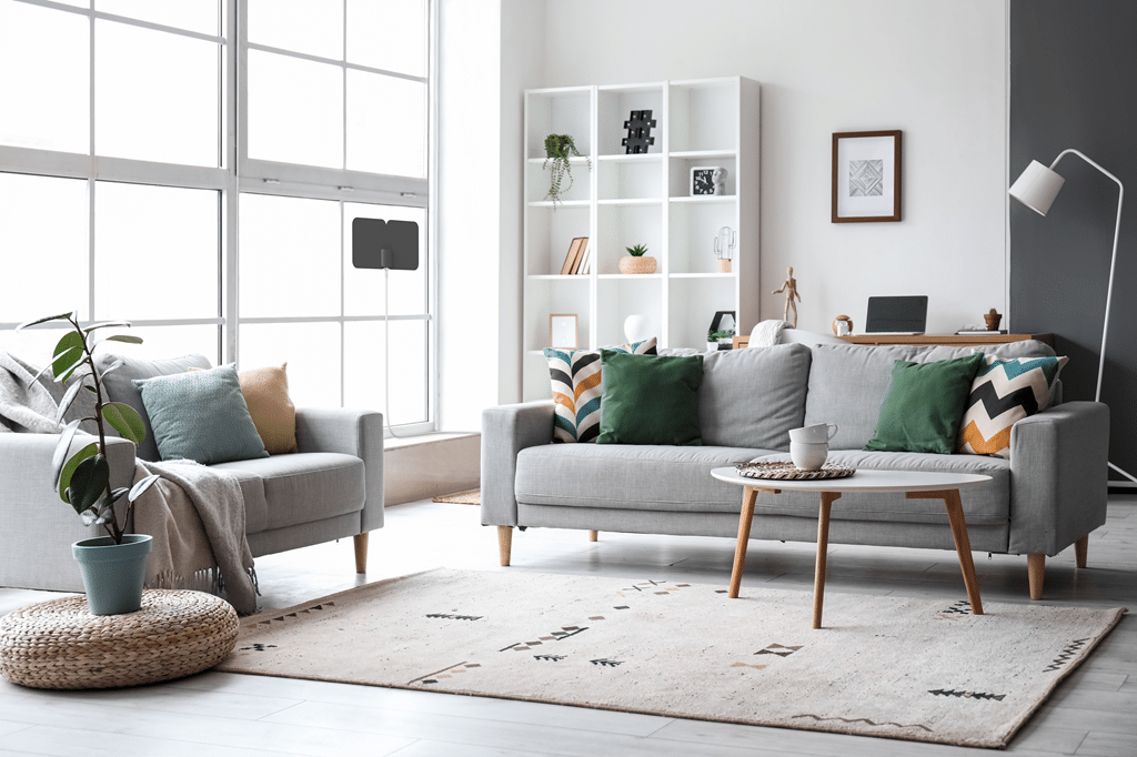 A white living room with a black indoor antenna on the window.