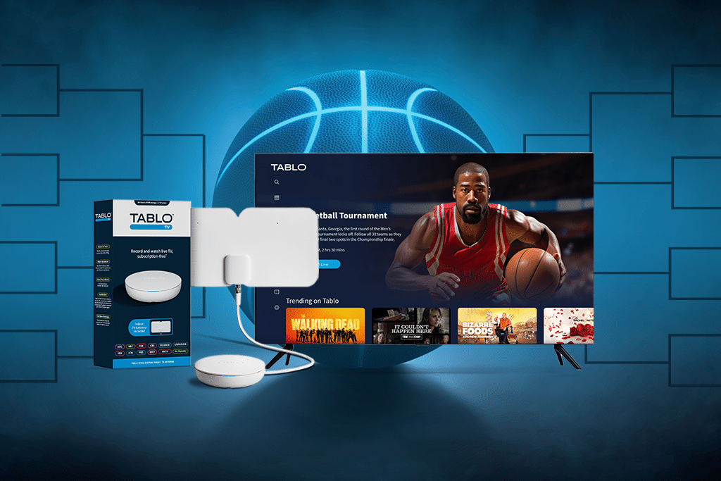 A TV on a basketball landing page, to the left is a Tablo box. In the background is a blue basketball and bracket.