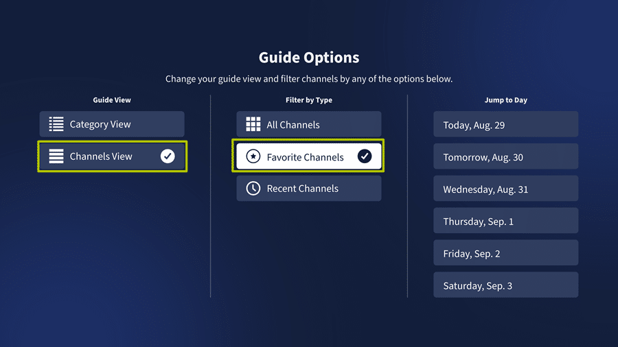 4th Gen Guide Options, Channels and Favorites selected.