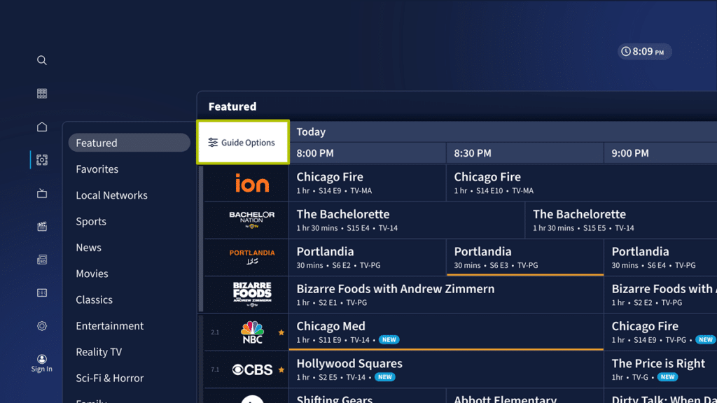 Channels view, Guide Options selected.