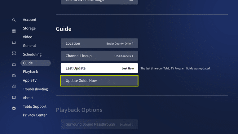 Tablo Guide settings with Update Guide Now highlighted.