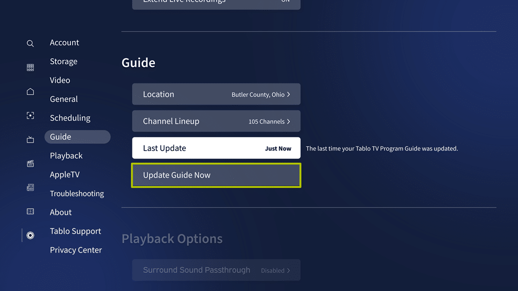 Tablo Guide settings with Update Guide Now highlighted.