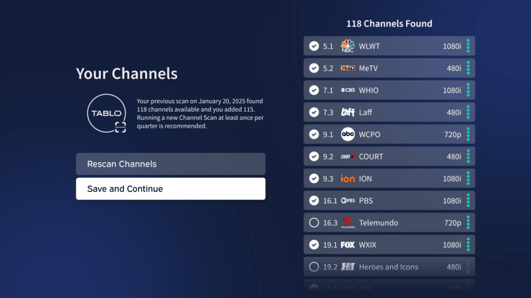 Channel list page in 4th Gen Settings. "Save and Continue' is highlighted.