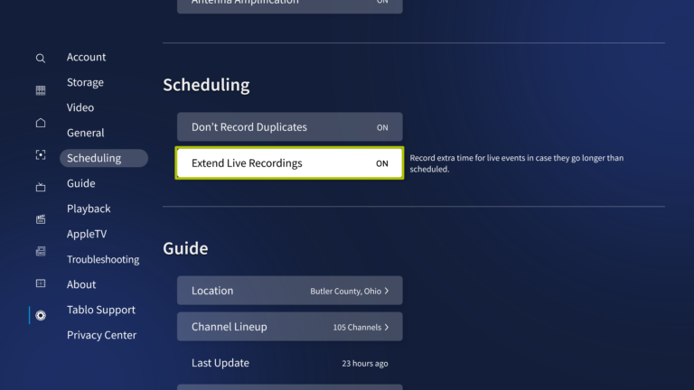 Extend Live Recordings menu highlighted in Tablo 4th Gen settings.