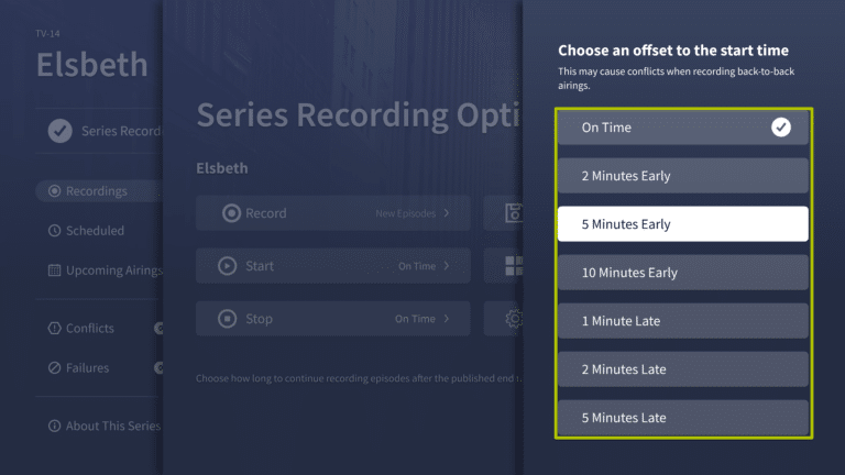 Start times highlighted, in Start Option, in Series Recording Options on the 4th Gen Tablo.