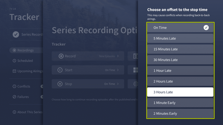 Stop times for Stop option highlighted, in Series Recording Options for 4th Gen Tablo.