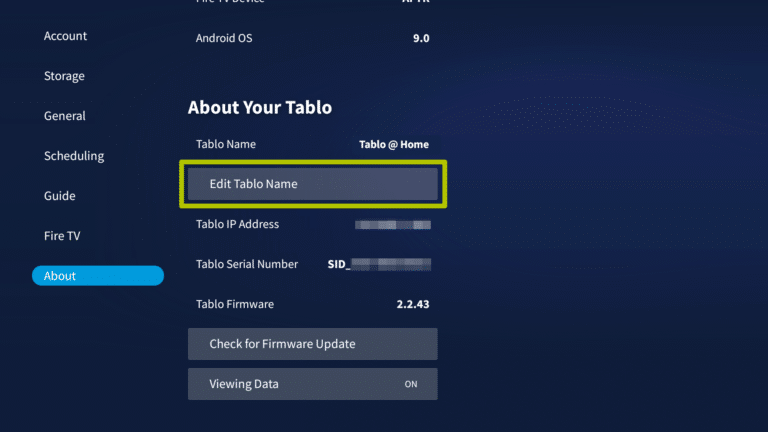 4th Generation Tablo settings with Edit Tablo Name highlighted.