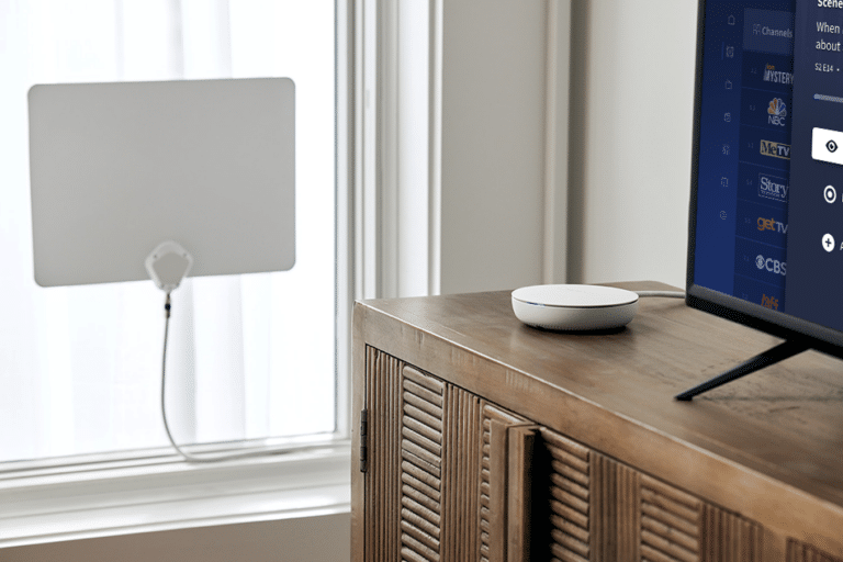 Tablo on shelf, with flat TV antenna in window.