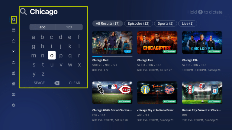 Tablo's search screen, searching for Chicago, with several results.