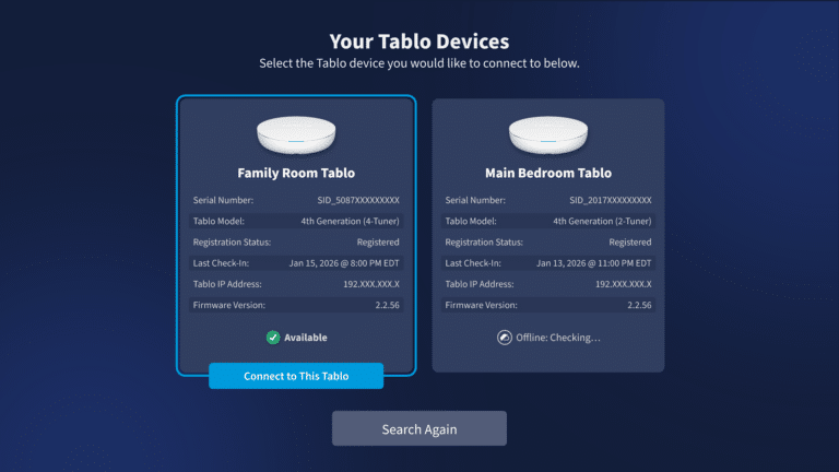 Tablo updated connectivity screens