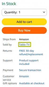 Amazon shopping cart, shoring, Tablo TV as the sold by.